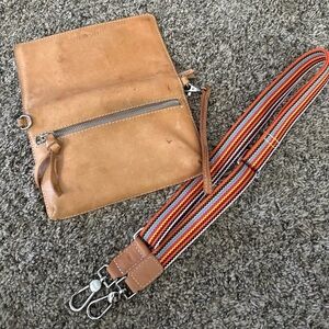 Consuela Tan Leather Crossbody with Multicolor Stripe Strap deigo uptown